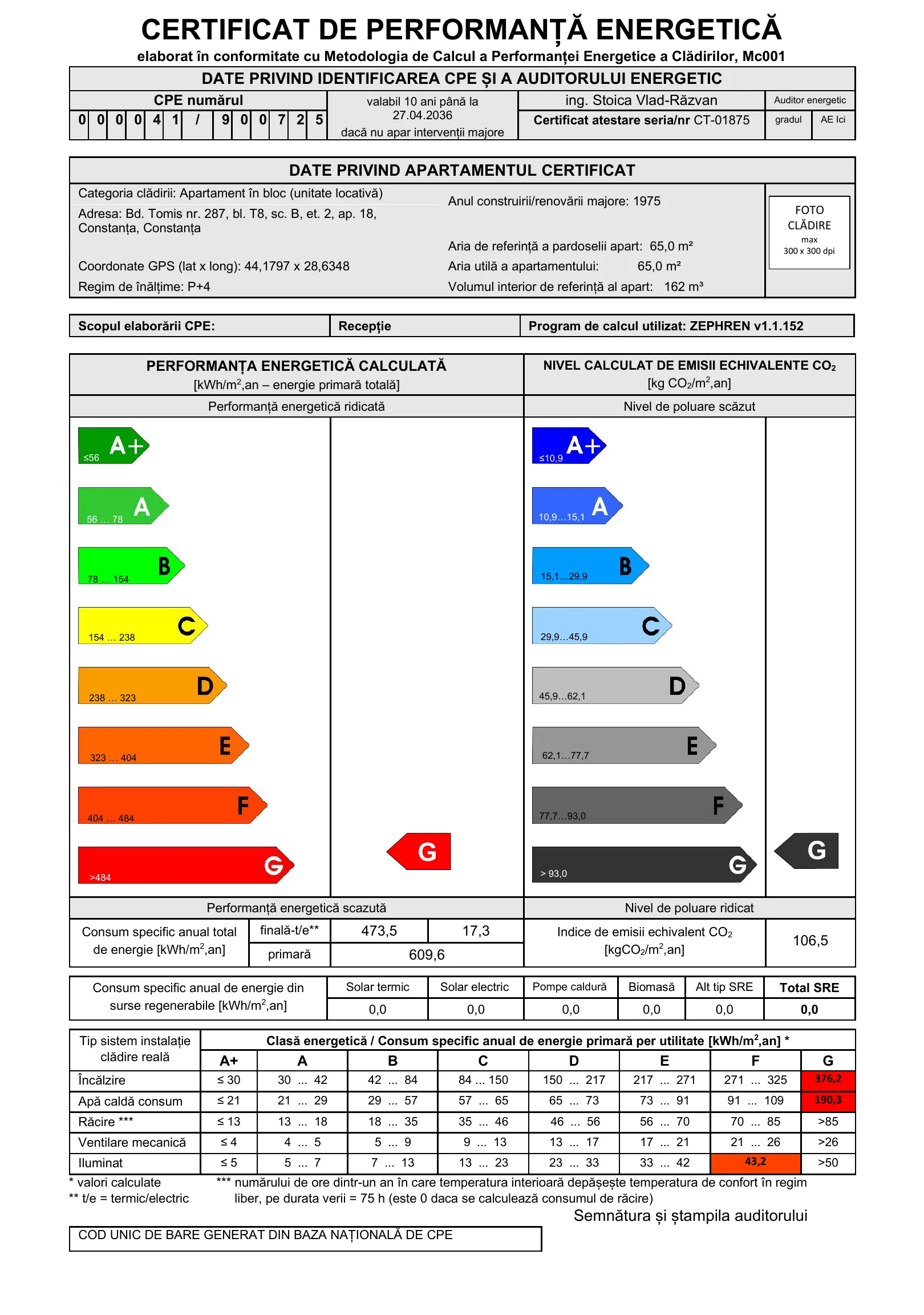 Pagină dintr-un certificat de performanță energetică generat în ZEPHREN la Pasul 6